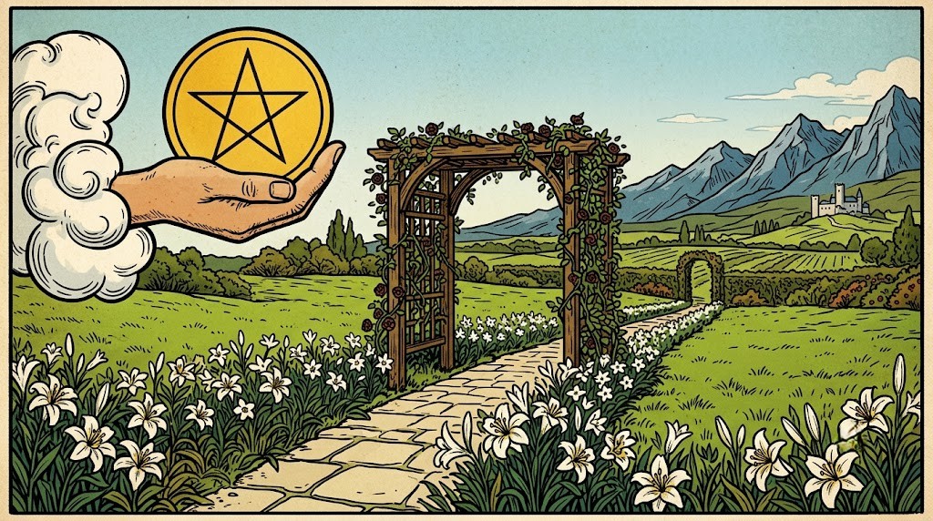Los Oros en el Tarot 1 As de Oros en el tarot Rider-Waite-Smith: mano surge de una nube ofreciendo una moneda dorada sobre un sendero florecido